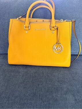 Michael Kors Bright Yellow Saffiano Satchel with Gold Hardware.